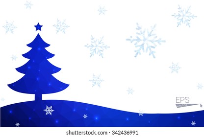 Blue postcard low polygon style christmas tree vector illustration consisting of triangles.Abstract triangular polygonal origami or crystal design of New Years celebration.Isolated on white background