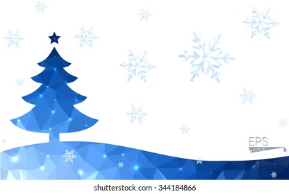 Blue postcard low polygon style christmas tree vector illustration consisting of triangles.Abstract triangular polygonal origami or crystal design of New Years celebration.Isolated on white background