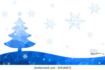 Blue postcard low polygon style christmas tree vector illustration consisting of triangles.Abstract triangular polygonal origami or crystal design of New Years celebration.Isolated on white background