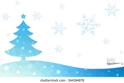 Blue postcard low polygon style christmas tree vector illustration consisting of triangles.Abstract triangular polygonal origami or crystal design of New Years celebration.Isolated on white background