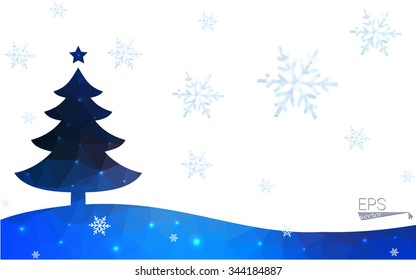 Blue postcard low polygon style christmas tree vector illustration consisting of triangles.Abstract triangular polygonal origami or crystal design of New Years celebration.Isolated on white background