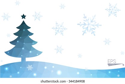 Blue postcard low polygon style christmas tree vector illustration consisting of triangles.Abstract triangular polygonal origami or crystal design of New Years celebration.Isolated on white background