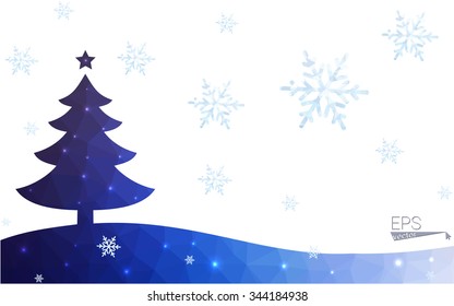Blue postcard low polygon style christmas tree vector illustration consisting of triangles.Abstract triangular polygonal origami or crystal design of New Years celebration.Isolated on white background