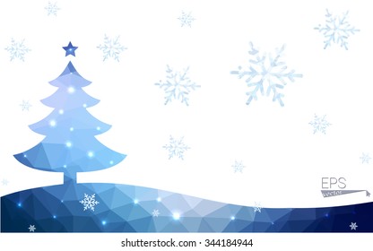 Blue postcard low polygon style christmas tree vector illustration consisting of triangles.Abstract triangular polygonal origami or crystal design of New Years celebration.Isolated on white background