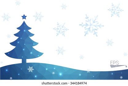 Blue postcard low polygon style christmas tree vector illustration consisting of triangles.Abstract triangular polygonal origami or crystal design of New Years celebration.Isolated on white background