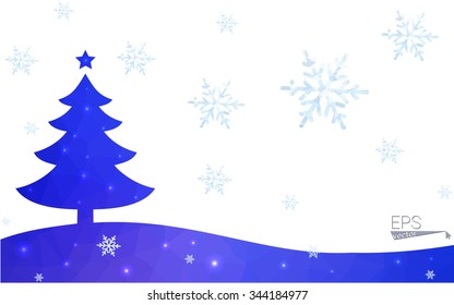 Blue postcard low polygon style christmas tree vector illustration consisting of triangles.Abstract triangular polygonal origami or crystal design of New Years celebration.Isolated on white background