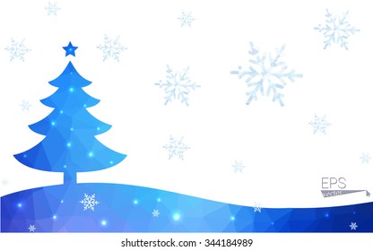 Blue postcard low polygon style christmas tree vector illustration consisting of triangles.Abstract triangular polygonal origami or crystal design of New Years celebration.Isolated on white background