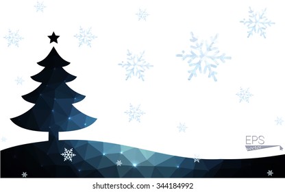 Blue postcard low polygon style christmas tree vector illustration consisting of triangles.Abstract triangular polygonal origami or crystal design of New Years celebration.Isolated on white background