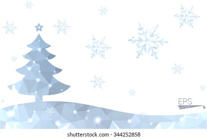 Blue postcard low polygon style christmas tree vector illustration consisting of triangles.Abstract triangular polygonal origami or crystal design of New Years celebration.Isolated on white background