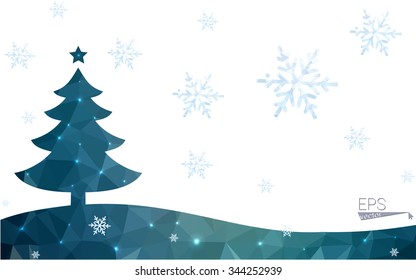 Blue postcard low polygon style christmas tree vector illustration consisting of triangles.Abstract triangular polygonal origami or crystal design of New Years celebration.Isolated on white background