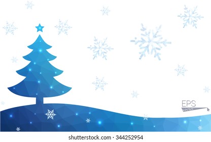 Blue postcard low polygon style christmas tree vector illustration consisting of triangles.Abstract triangular polygonal origami or crystal design of New Years celebration.Isolated on white background