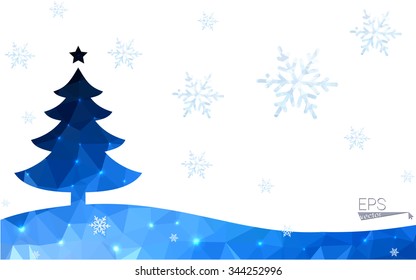 Blue postcard low polygon style christmas tree vector illustration consisting of triangles.Abstract triangular polygonal origami or crystal design of New Years celebration.Isolated on white background