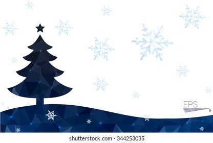 Blue postcard low polygon style christmas tree vector illustration consisting of triangles.Abstract triangular polygonal origami or crystal design of New Years celebration.Isolated on white background