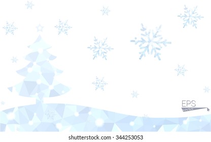 Blue postcard low polygon style christmas tree vector illustration consisting of triangles.Abstract triangular polygonal origami or crystal design of New Years celebration.Isolated on white background