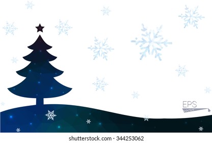 Blue postcard low polygon style christmas tree vector illustration consisting of triangles.Abstract triangular polygonal origami or crystal design of New Years celebration.Isolated on white background