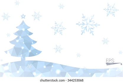 Blue postcard low polygon style christmas tree vector illustration consisting of triangles.Abstract triangular polygonal origami or crystal design of New Years celebration.Isolated on white background