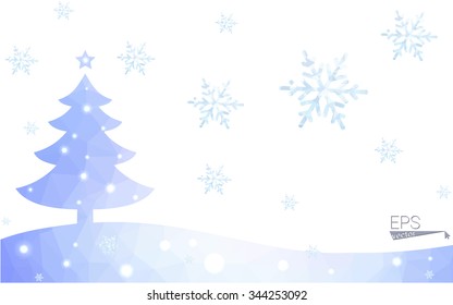 Blue postcard low polygon style christmas tree vector illustration consisting of triangles.Abstract triangular polygonal origami or crystal design of New Years celebration.Isolated on white background