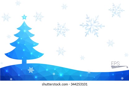 Blue postcard low polygon style christmas tree vector illustration consisting of triangles.Abstract triangular polygonal origami or crystal design of New Years celebration.Isolated on white background