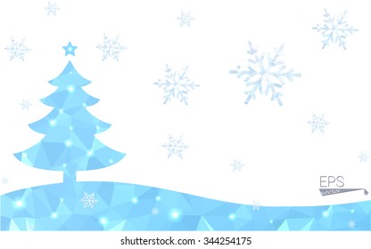 Blue postcard low polygon style christmas tree vector illustration consisting of triangles.Abstract triangular polygonal origami or crystal design of New Years celebration.Isolated on white background