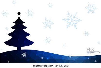 Blue postcard low polygon style christmas tree vector illustration consisting of triangles.Abstract triangular polygonal origami or crystal design of New Years celebration.Isolated on white background