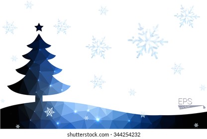 Blue postcard low polygon style christmas tree vector illustration consisting of triangles.Abstract triangular polygonal origami or crystal design of New Years celebration.Isolated on white background