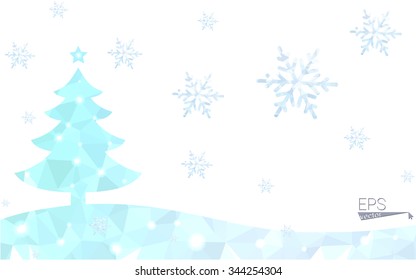 Blue postcard low polygon style christmas tree vector illustration consisting of triangles.Abstract triangular polygonal origami or crystal design of New Years celebration.Isolated on white background