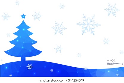 Blue postcard low polygon style christmas tree vector illustration consisting of triangles.Abstract triangular polygonal origami or crystal design of New Years celebration.Isolated on white background