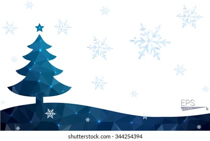Blue postcard low polygon style christmas tree vector illustration consisting of triangles.Abstract triangular polygonal origami or crystal design of New Years celebration.Isolated on white background