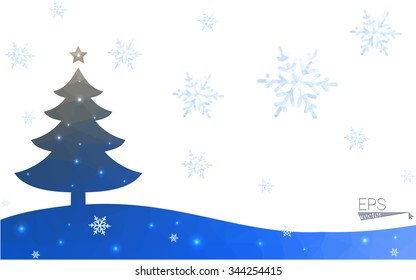 Blue postcard low polygon style christmas tree vector illustration consisting of triangles.Abstract triangular polygonal origami or crystal design of New Years celebration.Isolated on white background