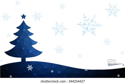 Blue postcard low polygon style christmas tree vector illustration consisting of triangles.Abstract triangular polygonal origami or crystal design of New Years celebration.Isolated on white background