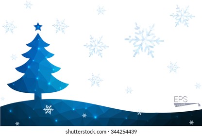 Blue postcard low polygon style christmas tree vector illustration consisting of triangles.Abstract triangular polygonal origami or crystal design of New Years celebration.Isolated on white background
