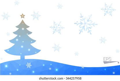 Blue postcard low polygon style christmas tree vector illustration consisting of triangles.Abstract triangular polygonal origami or crystal design of New Years celebration.Isolated on white background