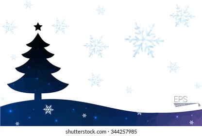 Blue postcard low polygon style christmas tree vector illustration consisting of triangles.Abstract triangular polygonal origami or crystal design of New Years celebration.Isolated on white background