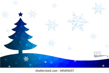 Blue postcard low polygon style christmas tree vector illustration consisting of triangles.Abstract triangular polygonal origami or crystal design of New Years celebration.Isolated on white background
