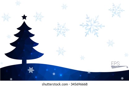 Blue postcard low polygon style christmas tree vector illustration consisting of triangles.Abstract triangular polygonal origami or crystal design of New Years celebration.Isolated on white background