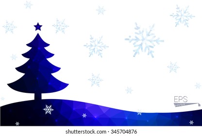 Blue postcard low polygon style christmas tree vector illustration consisting of triangles.Abstract triangular polygonal origami or crystal design of New Years celebration.Isolated on white background