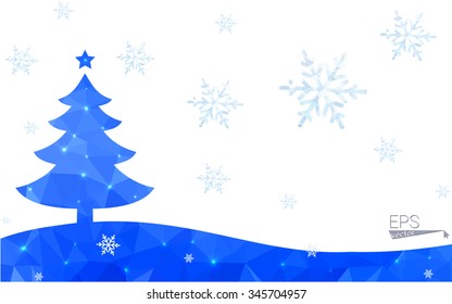 Blue postcard low polygon style christmas tree vector illustration consisting of triangles.Abstract triangular polygonal origami or crystal design of New Years celebration.Isolated on white background