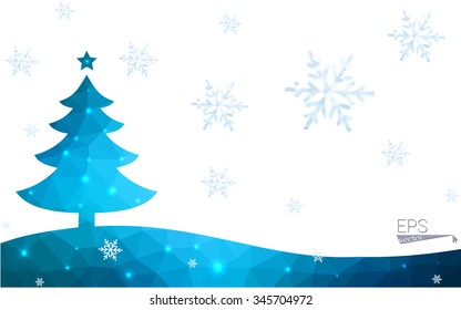 Blue postcard low polygon style christmas tree vector illustration consisting of triangles.Abstract triangular polygonal origami or crystal design of New Years celebration.Isolated on white background
