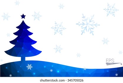 Blue postcard low polygon style christmas tree vector illustration consisting of triangles.Abstract triangular polygonal origami or crystal design of New Years celebration.Isolated on white background