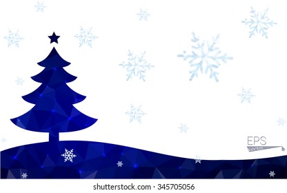 Blue postcard low polygon style christmas tree vector illustration consisting of triangles.Abstract triangular polygonal origami or crystal design of New Years celebration.Isolated on white background