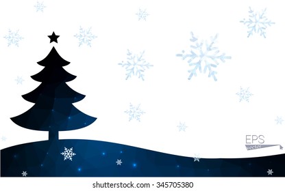 Blue postcard low polygon style christmas tree vector illustration consisting of triangles.Abstract triangular polygonal origami or crystal design of New Years celebration.Isolated on white background