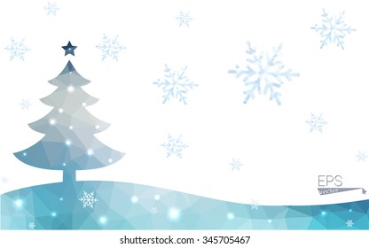 Blue postcard low polygon style christmas tree vector illustration consisting of triangles.Abstract triangular polygonal origami or crystal design of New Years celebration.Isolated on white background