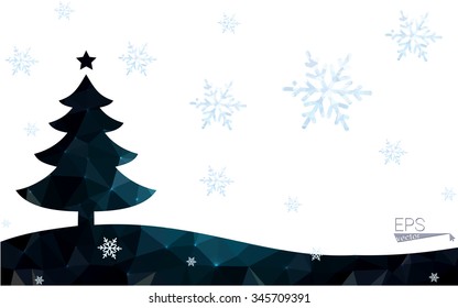 Blue postcard low polygon style christmas tree vector illustration consisting of triangles.Abstract triangular polygonal origami or crystal design of New Years celebration.Isolated on white background