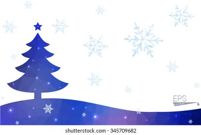 Blue postcard low polygon style christmas tree vector illustration consisting of triangles.Abstract triangular polygonal origami or crystal design of New Years celebration.Isolated on white background