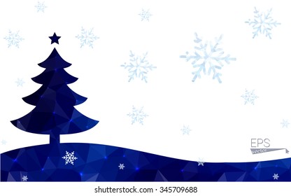 Blue postcard low polygon style christmas tree vector illustration consisting of triangles.Abstract triangular polygonal origami or crystal design of New Years celebration.Isolated on white background