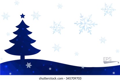 Blue postcard low polygon style christmas tree vector illustration consisting of triangles.Abstract triangular polygonal origami or crystal design of New Years celebration.Isolated on white background