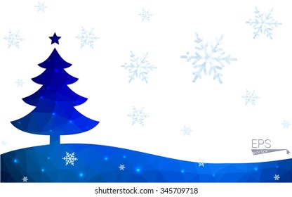Blue postcard low polygon style christmas tree vector illustration consisting of triangles.Abstract triangular polygonal origami or crystal design of New Years celebration.Isolated on white background