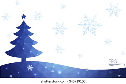 Blue postcard low polygon style christmas tree vector illustration consisting of triangles.Abstract triangular polygonal origami or crystal design of New Years celebration.Isolated on white background