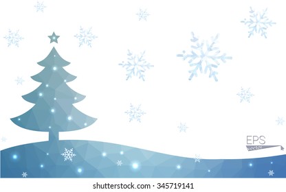 Blue postcard low polygon style christmas tree vector illustration consisting of triangles.Abstract triangular polygonal origami or crystal design of New Years celebration.Isolated on white background