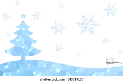 Blue postcard low polygon style christmas tree vector illustration consisting of triangles.Abstract triangular polygonal origami or crystal design of New Years celebration.Isolated on white background